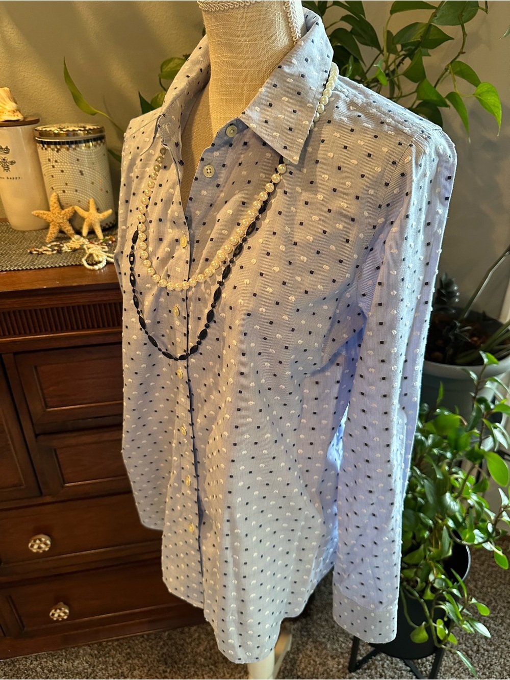 Talbots Light Blue Button-Down Shirt with Navy and White Dot Print - Picture 3 of 11